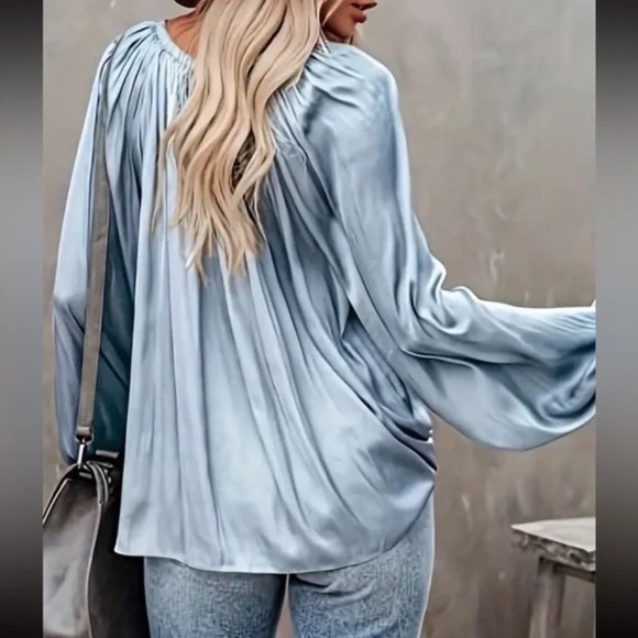 Luxe Satin Neck Tie Lantern Long sleeve Blouse - Picture 8 of 13